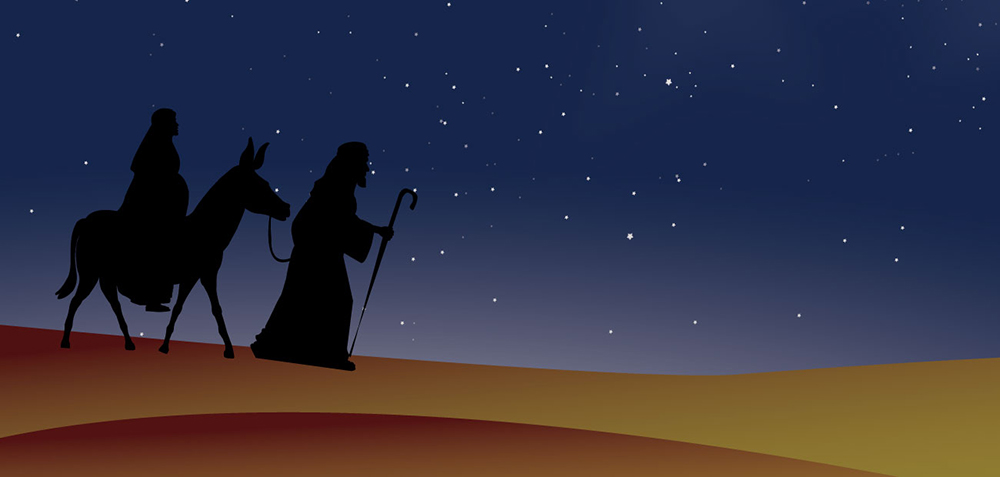 Mary and Joseph journeying to Bethlehem silhouette