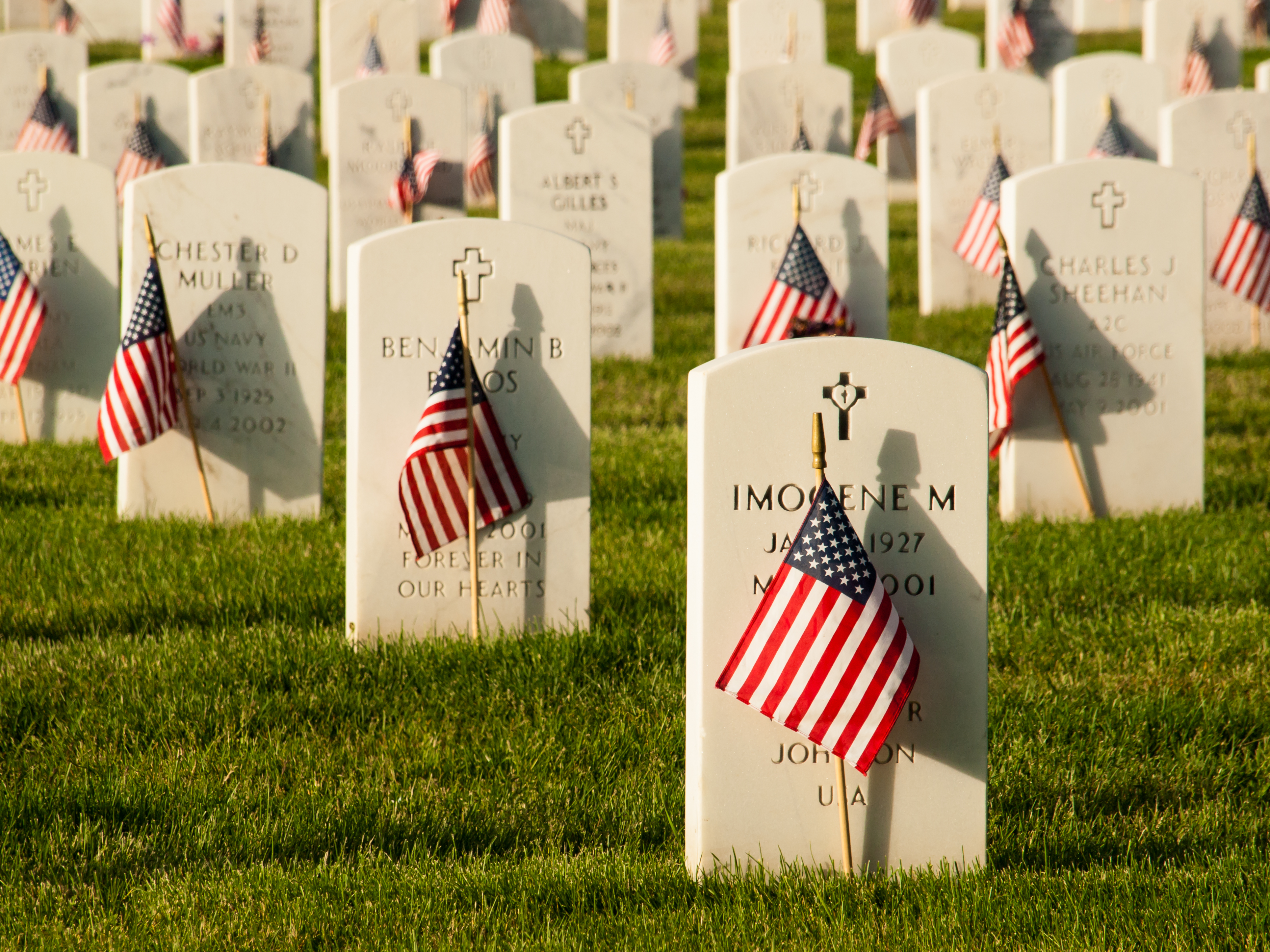 Graves of fallen soldiers marked with flags in cemetery