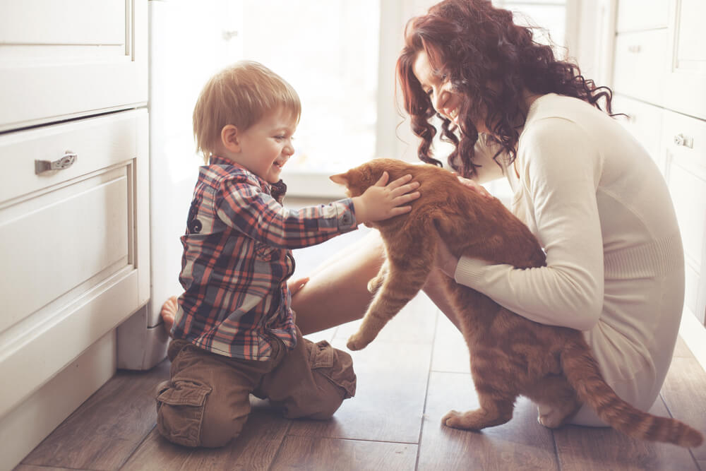 mom with son and cat