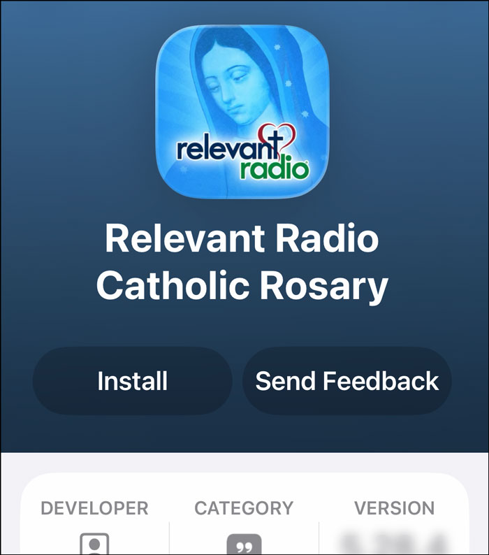 TestFlight screen with the Install button for Relevant Radio