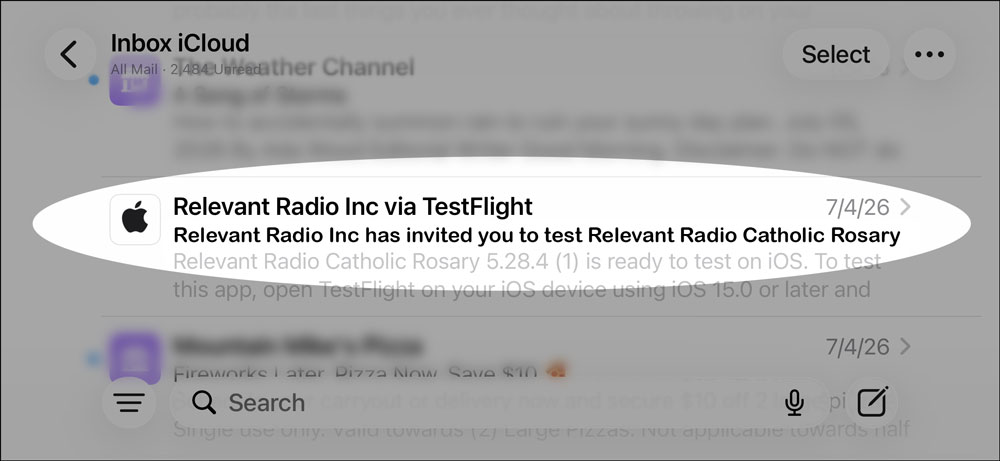 TestFlight invite email from Relevant Radio Inc