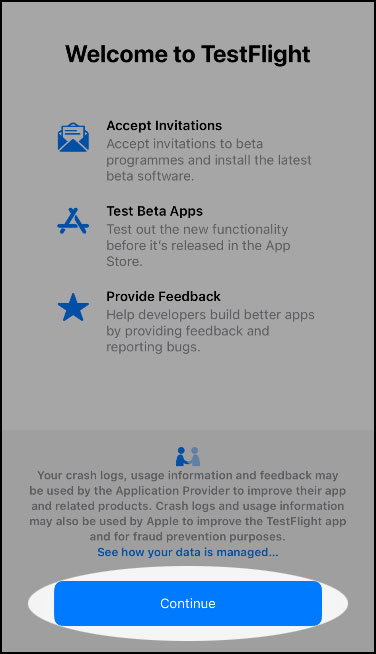 TestFlight screen with the Continue button
