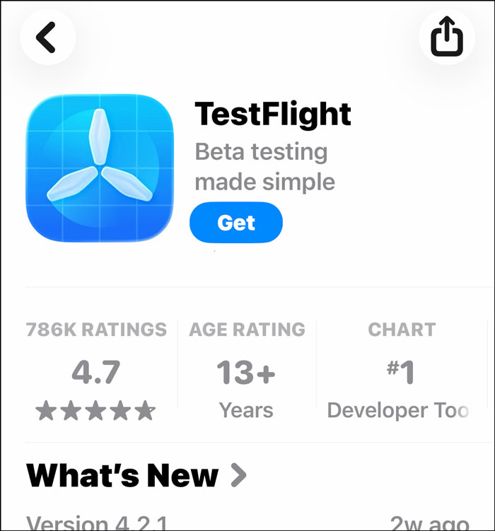TestFlight App listing in the App Store with the Get button