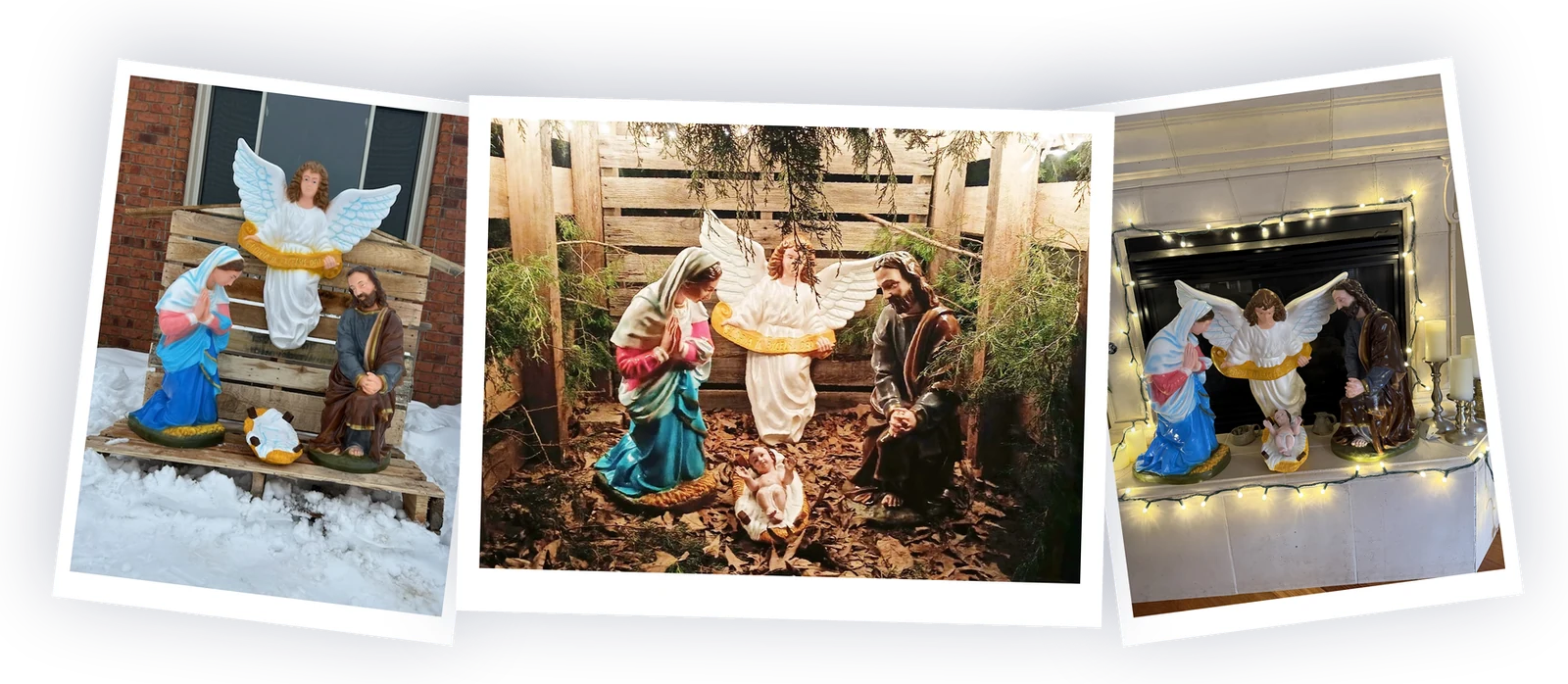 Three photos sent in by past winners: an outdoor Nativity set on a snowy pallet stable, one in a wooden stable hung with greenery, and one on a lit fireplace mantel.