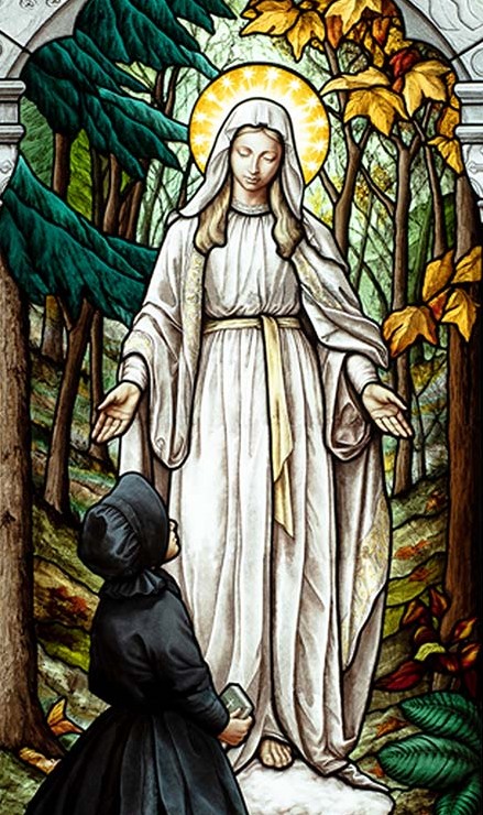 Stained glass of Our Lady of Champion appearing to Adele Brice in the woods