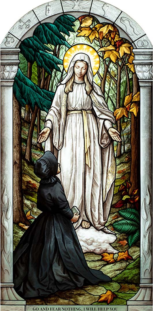 Stained-glass window of Our Lady of Champion appearing to Adele Brice, inscribed: Go and fear nothing, I will help you